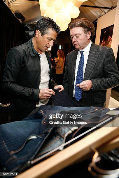 Jeff Rudes, designer of J Brand Jeans, talks with Bill Ghitis, president of Invista in the Lycra Denim Lounge during Mercedes-Benz Fashion Week in...