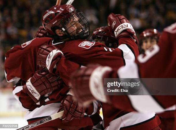 Dylan Reese of the Harvard Crimson celebrates his goal in the first period against the Boston College Eagles during the Beanpot Tournament on...