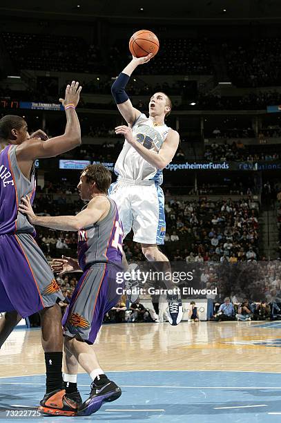 Steve Blake of the Denver Nuggets goes to the basket against the Phoenix Suns on February 5, 2007 at the Pepsi Center in Denver, Colorado. NOTE TO...