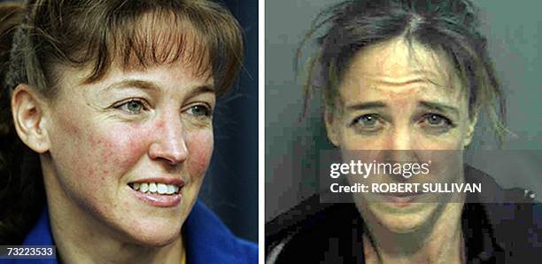 This 17 July 2006 file photo at left shows Mission Specialist Lisa Nowak of the US space shuttle Discovery during a press conference after...