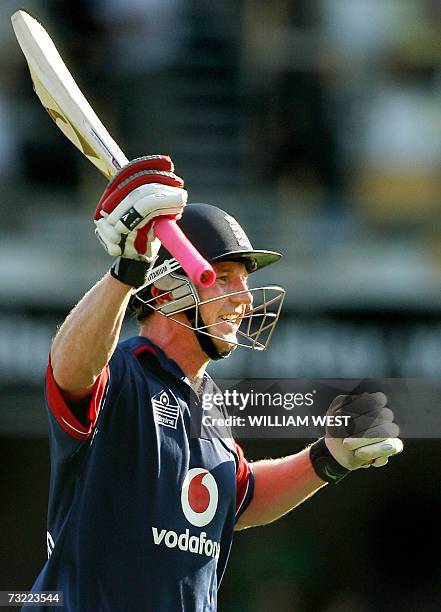 England batsman Paul Collingwood celebrates scoring his century against New Zealand in their one-day match being played at the Gabba in Brisbane, 06...