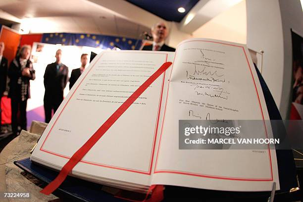 Maastricht, NETHERLANDS: A paper version of the Maastricht Treaty is stored 06 February 2007, almost 15 years after its signing, in a bank vault in...