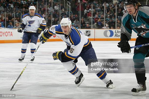 Barrett Jackman of the St. Louis Blues readies for a faceoff during a game against the San Jose Sharks on January 20, 2007 at the HP Pavilion in San...