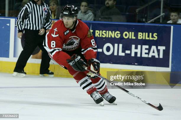 Chris Durno of the Norfolk Admirals skates against the Bridgeport Sound Tigers at the Arena at Harbor Yard on November 29, 2006 in Bridgeport,...