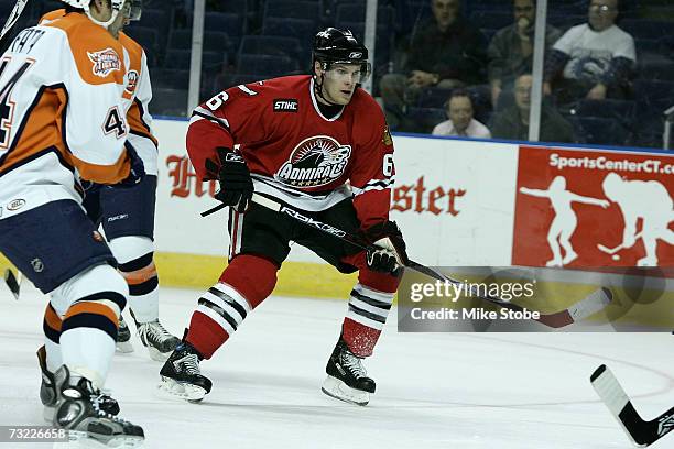 Jordan Hendry of the Norfolk Admirals skates against the Bridgeport Sound Tigers at the Arena at Harbor Yard on November 29, 2006 in Bridgeport,...