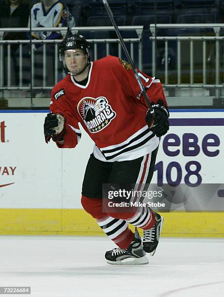 Troy Brouwer of the Norfolk Admirals skates against the Bridgeport Sound Tigers at the Arena at Harbor Yard on November 29, 2006 in Bridgeport,...