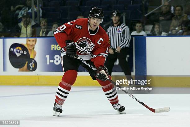 Craig MacDonald of the Norfolk Admirals skates against the Bridgeport Sound Tigers at the Arena at Harbor Yard on November 29, 2006 in Bridgeport,...