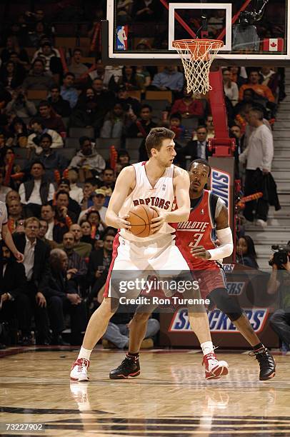 Andrea Bargnani of the Toronto Raptors looks to move the ball against Gerald Wallace of the Charlotte Bobcats during the game on January 22, 2007 at...