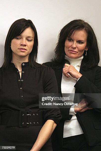 Amy Smart and Denise Brown listen to speakers at the news conference to reintroduce the Department of Peace And Nonviolence Bill on February 06, 2007...