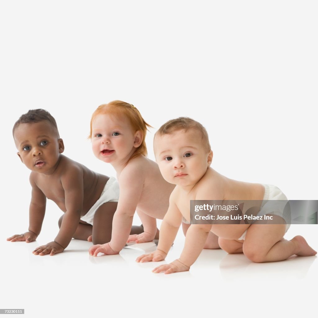 Studio shot of three babies in diapers crawling