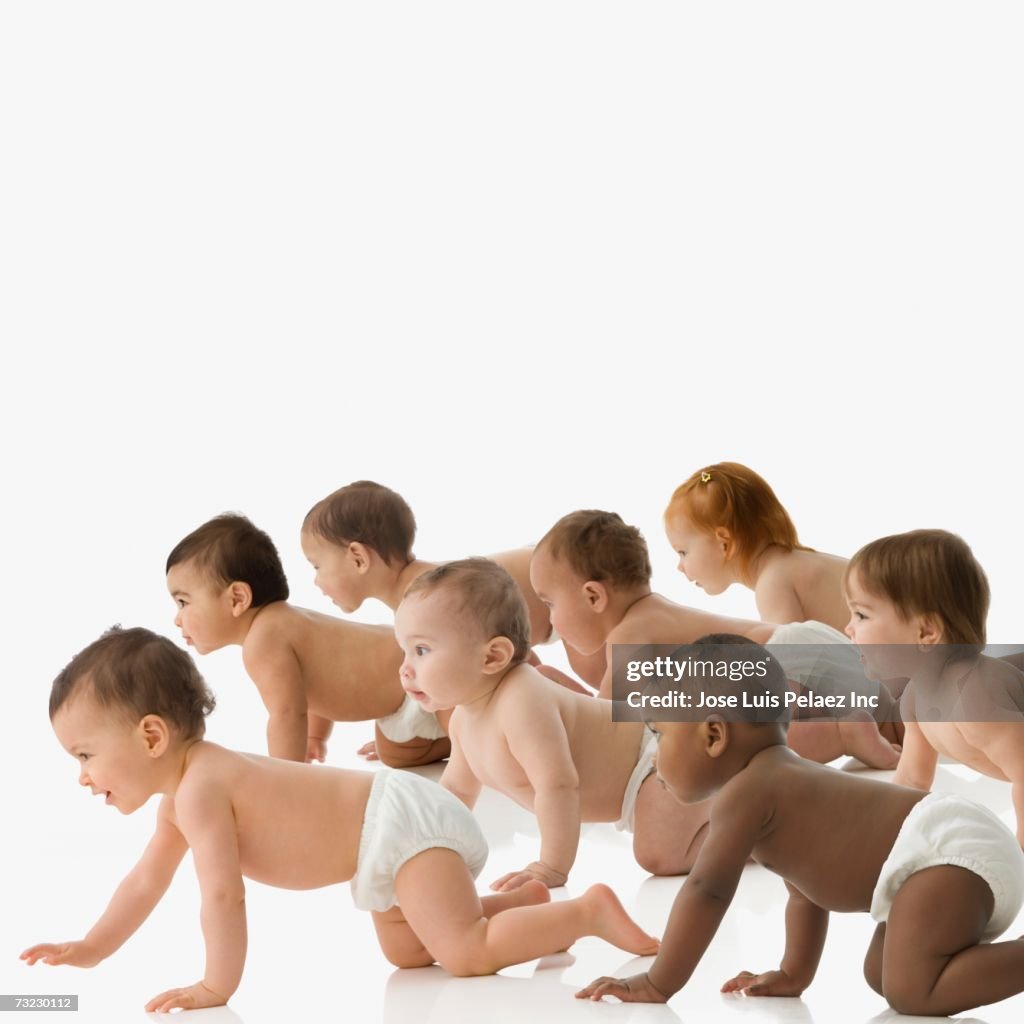 Studio shot of babies in diapers crawling