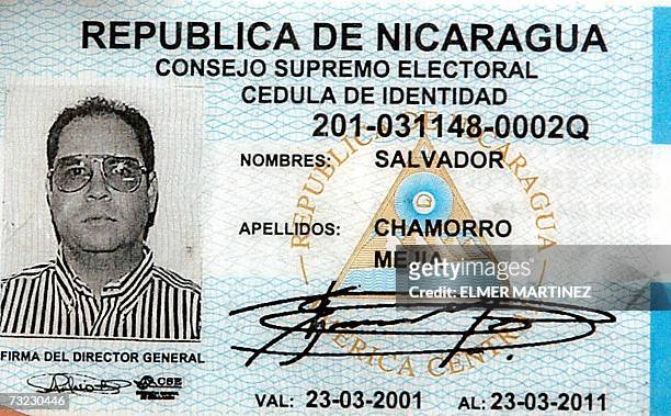 Tegucigalpa, HONDURAS: Foto de la cedula de identidad de Salvador Chamorro Mejia, un empresario nicaraguense que fue acribillado por supuestos...