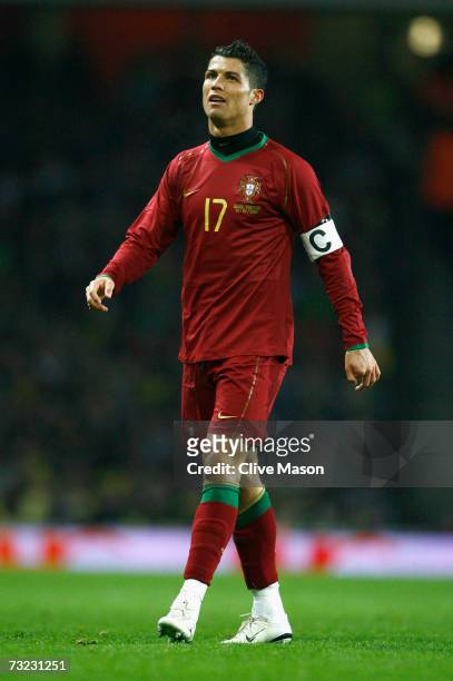Cristiano Ronaldo of Portugal looks frustrated during the International friendly match between Brazil and Portugal at the Emirates Stadium on...