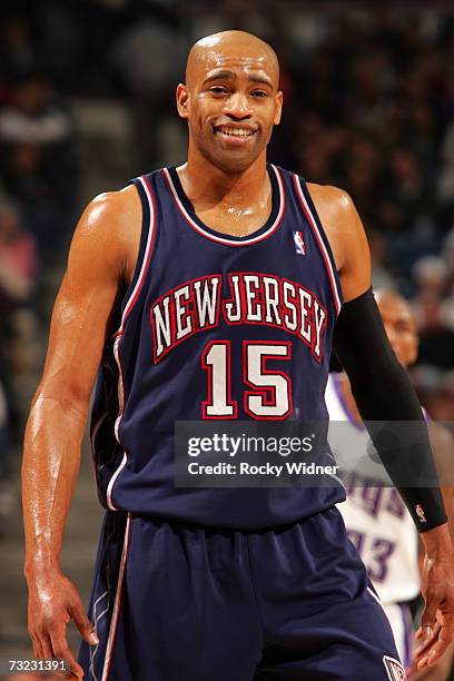 Vince Carter of the New Jersey Nets is on the court during the game against the Sacramento Kings on January 22, 2007 at ARCO Arena in Sacramento,...