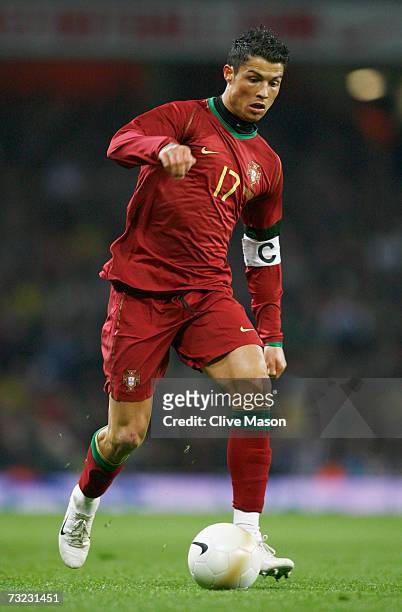 Cristiano Ronaldo of Portugal in action during the International friendly match between Brazil and Portugal at the Emirates Stadium on February 6,...