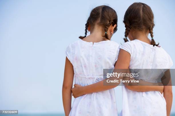 rear view of young sisters wearing matching dresses and hugging outdoors - twin girls bildbanksfoton och bilder