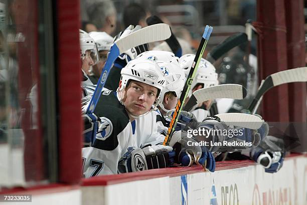 Ruslan Fedotenko of the Tampa Bay Lightning looks on from the bench against the Philadelphia Flyers on January 30, 2007 at the Wachovia Center in...