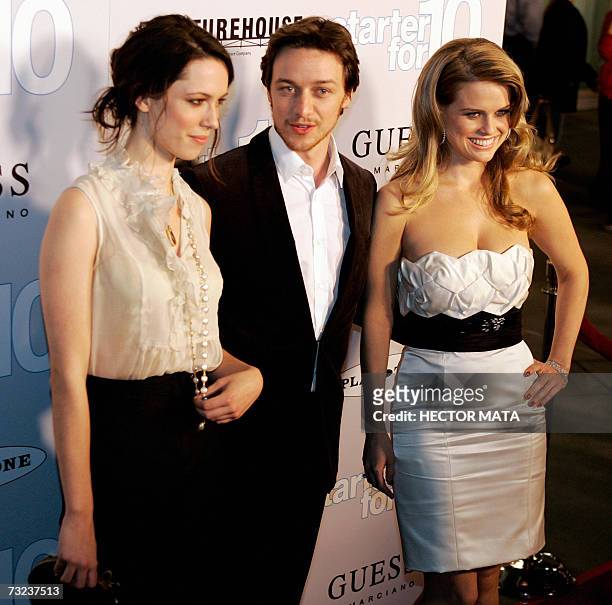 Los Angeles, UNITED STATES: Actors Rebecca Hall, James McAvoy and Alice Eve pose for photographers as they arrive to the premiere of "Starter for 10"...