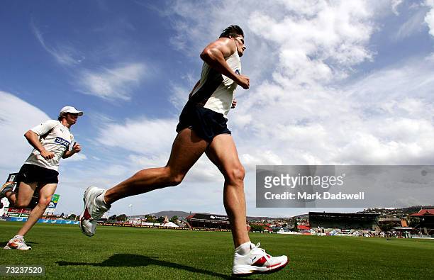 Robert Campbell of the Hawthorn Hawks takes part in a sprinting drill at the North Hobart Oval during the clubs AFL Community Camp on February 7,...