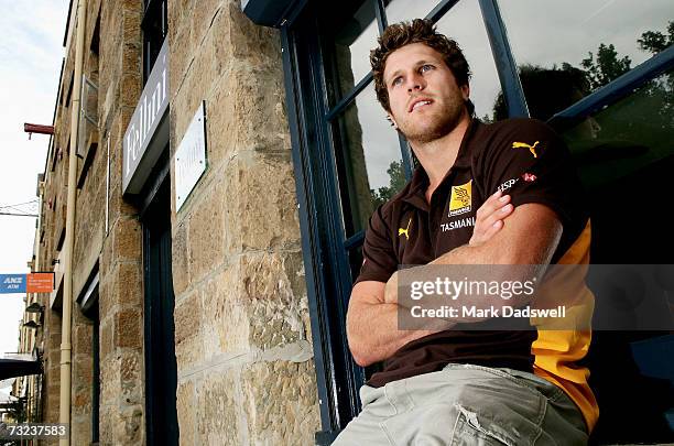 Campbell Brown of the Hawthorn Hawks relaxes at Salamanca Place during the clubs AFL Community Camp on February 7, 2007 in Hobart, Australia.