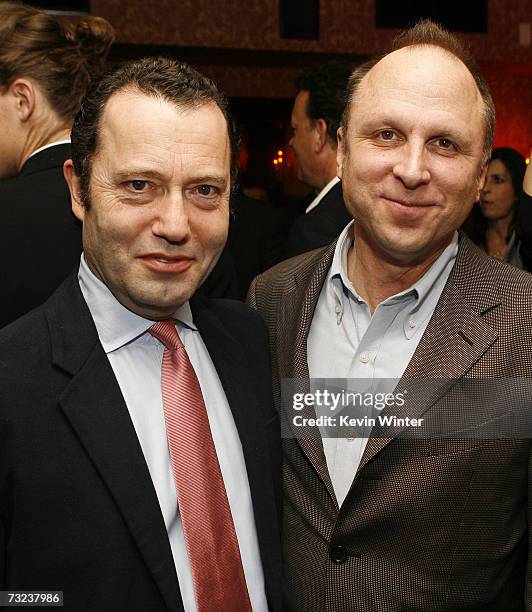 Film's Colin Callender and Picturehouse's Bob Berney pose at the afterparty for the premiere of Picturehouse's "Starter for 10" at Le Deux on...