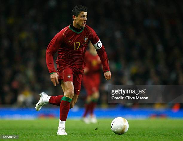 Cristiano Ronaldo of Portugal in action during the International friendly match between Brazil and Portugal at the Emirates Stadium on February 6,...
