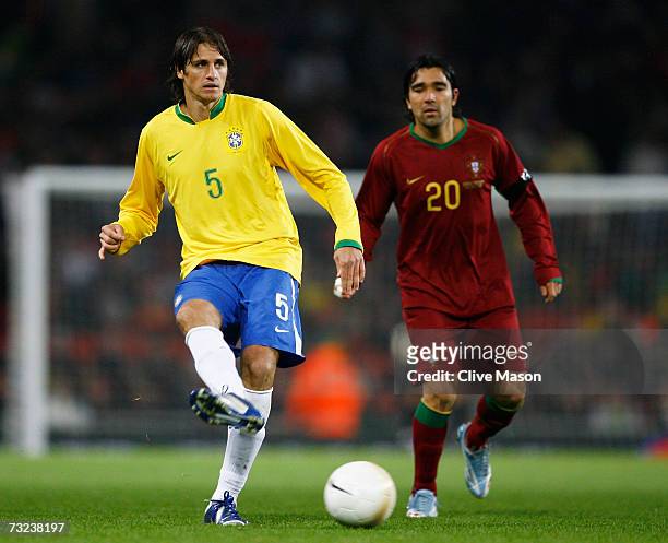 Edmilson of Brazil in action during the International friendly match between Brazil and Portugal at the Emirates Stadium on February 6, 2006 in...