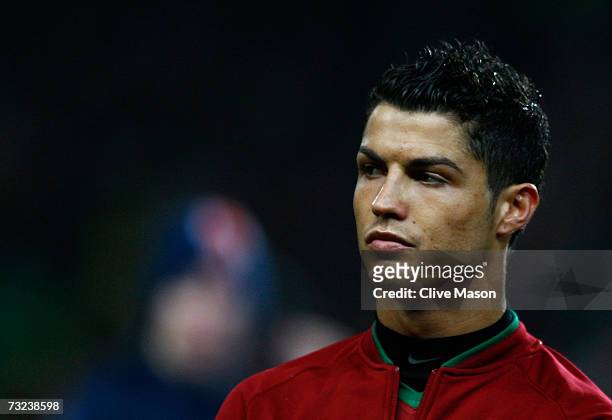 Cristiano Ronaldo of Portugal looks on prior to the International friendly match between Brazil and Portugal at the Emirates Stadium on February 6,...