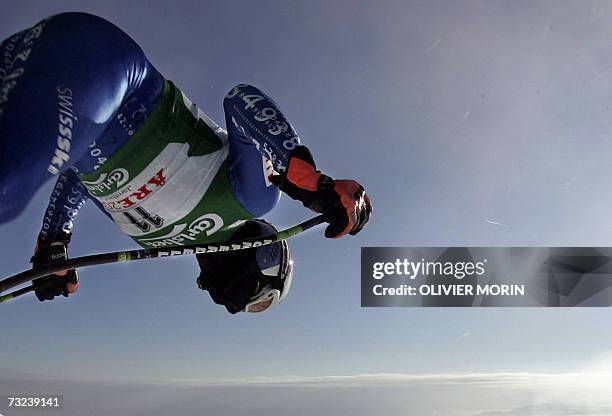 Swiss Bruno Kernen leans forward at the start of the men's downhill training, 07 February 2007, at the Alpine World Ski Championships in Are. AFP...