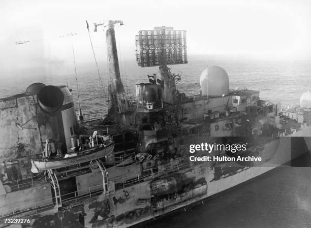 Sheffield, damaged by an Exocet missile attack near the Falkland Islands during the Falklands War, May 1982. Twenty people lost their lives in the...