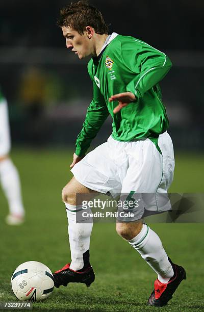 Steve Davis of Northern Ireland in action during an International Friendly match between Northern Ireland and Wales at Windsor Park on February 06,...