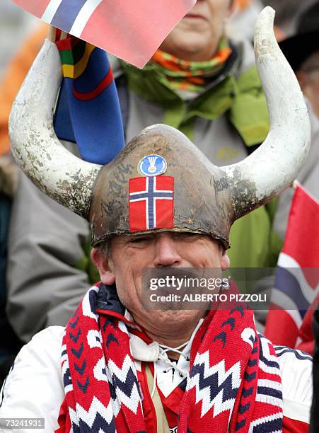 Norwegian supporter cheers on his team during the Women's 15 km Individual race of Biathlon World Championship in Anterselva 07 February 2007....