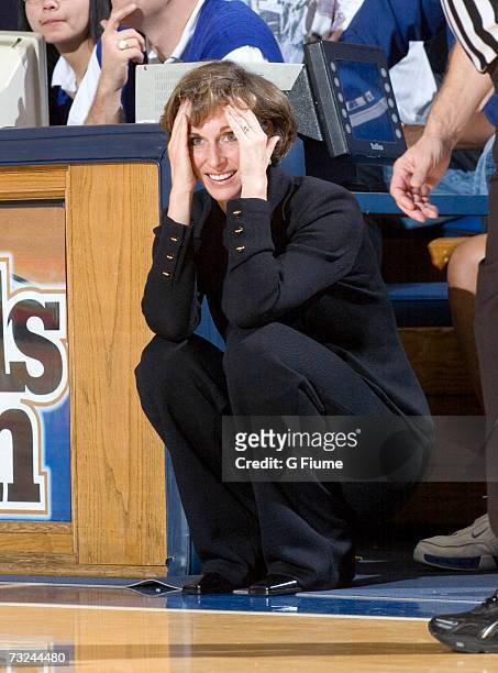 Head Coach Gail Goestenkors of the Duke Blue Devils reacts to a call during the game against the Maryland Terrapins January 13, 2007 at Cameron...