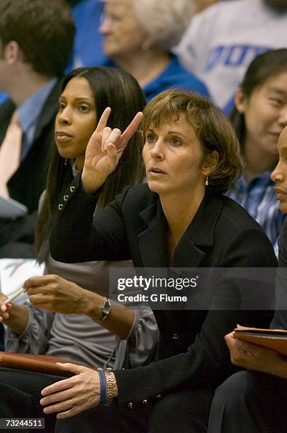 Head Coach Gail Goestenkors of the Duke Blue Devils calls a play against the Maryland Terrapins January 13, 2007 at Cameron Indoor Stadium in Durham,...