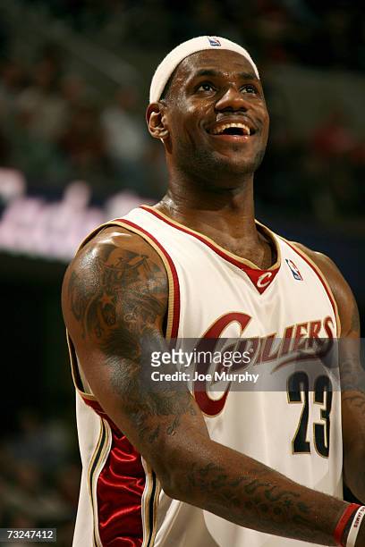 LeBron James of the Cleveland Cavaliers smiles during the game against the Orlando Magic on January 22, 2007 at Quicken Loans Arena in Cleveland,...