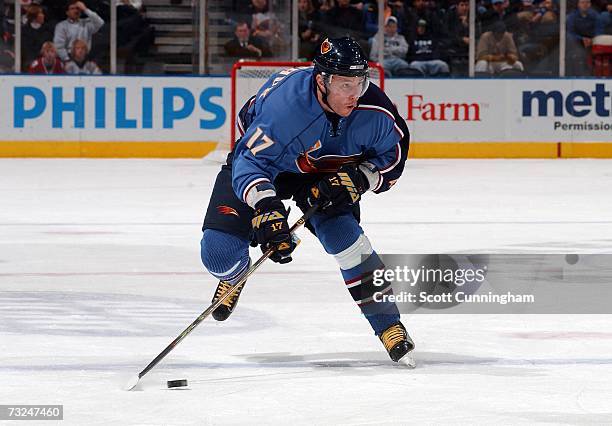 Ilya Kovalchuk of the Atlanta Thrashers carries the puck against the Buffalo Sabres on February 6, 2007 at Philips Arena in Atlanta, Georgia.