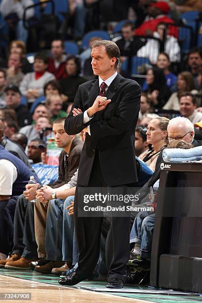 Head coach Flip Saunders of the Detroit Pistons looks on against the Minnesota Timberwolves during the game at Target Center on January 19, 2007 in...