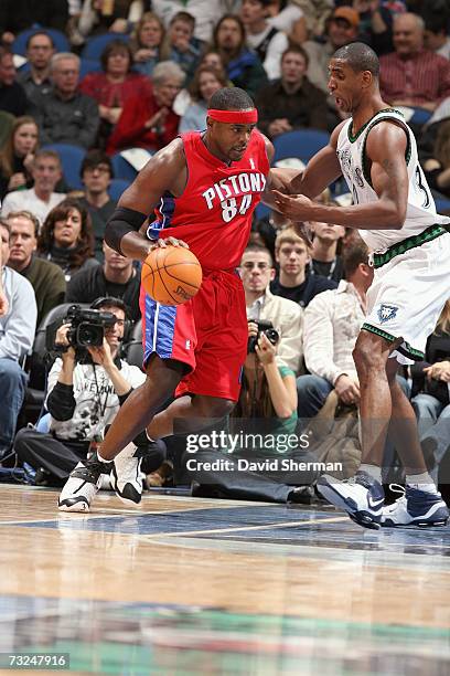 Chris Webber of the Detroit Pistons drives against Mark Blount of the Minnesota Timberwolves during the game at Target Center on January 19, 2007 in...