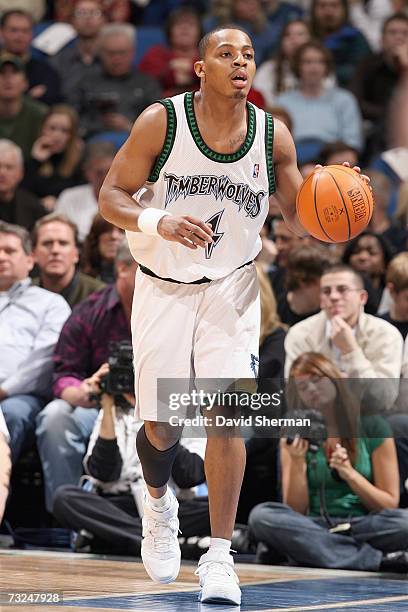 Randy Foye of the Minnesota Timberwolves dribbles against the Detroit Pistons during the game at Target Center on January 19, 2007 in Minneapolis,...