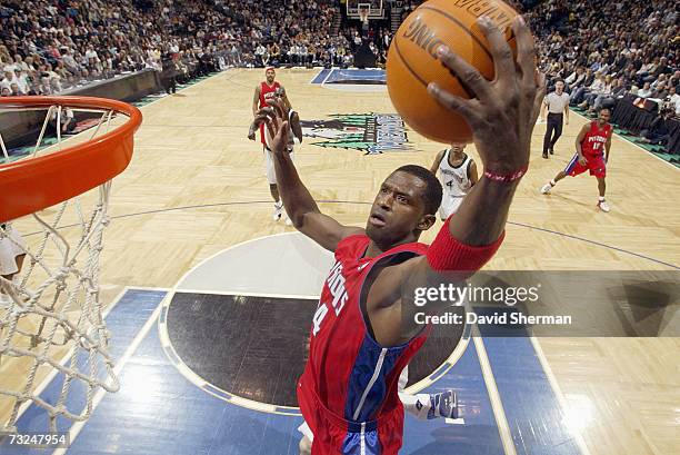 Antonio McDyess of the Detroit Pistons goes to the basket against the Minnesota Timberwolves during the game at Target Center on January 19, 2007 in...