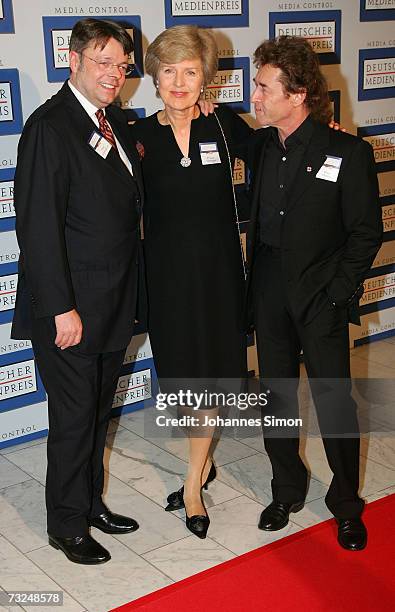 Peter Schwenkow, Friede Springer and Peter Maffay arrive at the German Media Awards at the Congress Hall on February 7, 2007 in Baden-Baden, Germany.