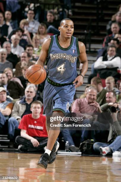 Randy Foye of the Minnesota Timberwolves moves the ball against the Portland Trail Blazers during the game at Rose Garden on January 24, 2007 in...