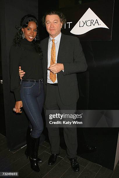 Kelly Rowland and Inusta Apparel CEO Bill Ghitis pose in the lobby during Mercedes-Benz Fashion Week Fall 2007 February 6, 2007 in New York City.