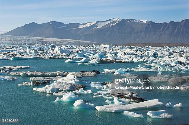 icebergs in the glacial melt water lagoon at jokulsarlon, breidamerkurjokull, south area, iceland, polar regions - breidamerkurjokull glacier stock pictures, royalty-free photos & images