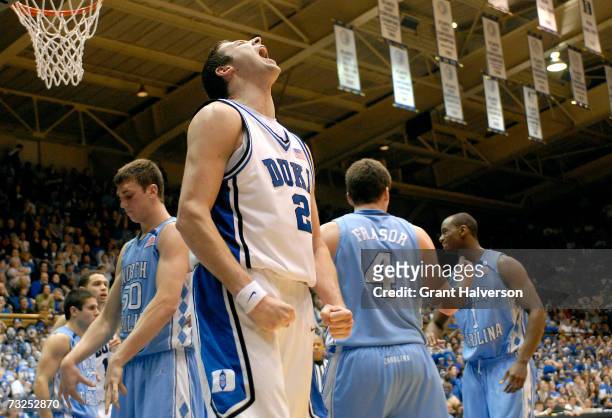 Josh McRoberts of the Duke University Blue Devils reacts during his team's loss to the North Carolina Tar Heels during their game on February 7, 2007...