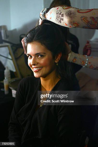 Katie Lee prepares backstage at the Monica Moss Fall 2007 fashion presentation during Mercedes-Benz Fashion Week at The Puck Buliding February 7,...