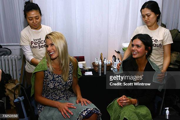 Beth Ostrosky and Katie Lee prepare at the Monica Moss Fall 2007 fashion presentation during Mercedes-Benz Fashion Week at The Puck Buliding February...