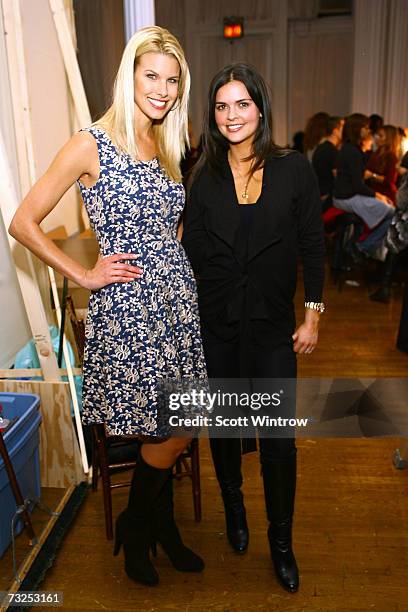 Beth Ostrosky and Katie Lee prepare backstage at the Monica Moss Fall 2007 fashion presentation during Mercedes-Benz Fashion Week at The Puck...