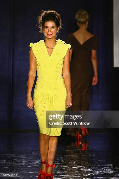 Katie Lee poses on the runway at the Monica Moss Fall 2007 fashion presentation during Mercedes-Benz Fashion Week at The Puck Buliding February 7,...