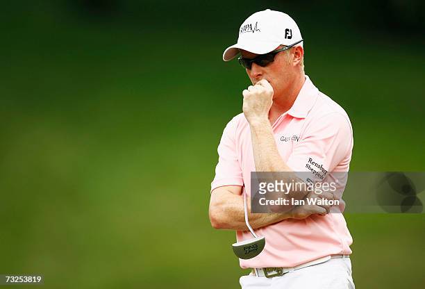 Simon Dyson of England looks down the 6th hole during the first round round of the 2007 Maybank Malaysian Open at Saujana Golf and Country Club on...